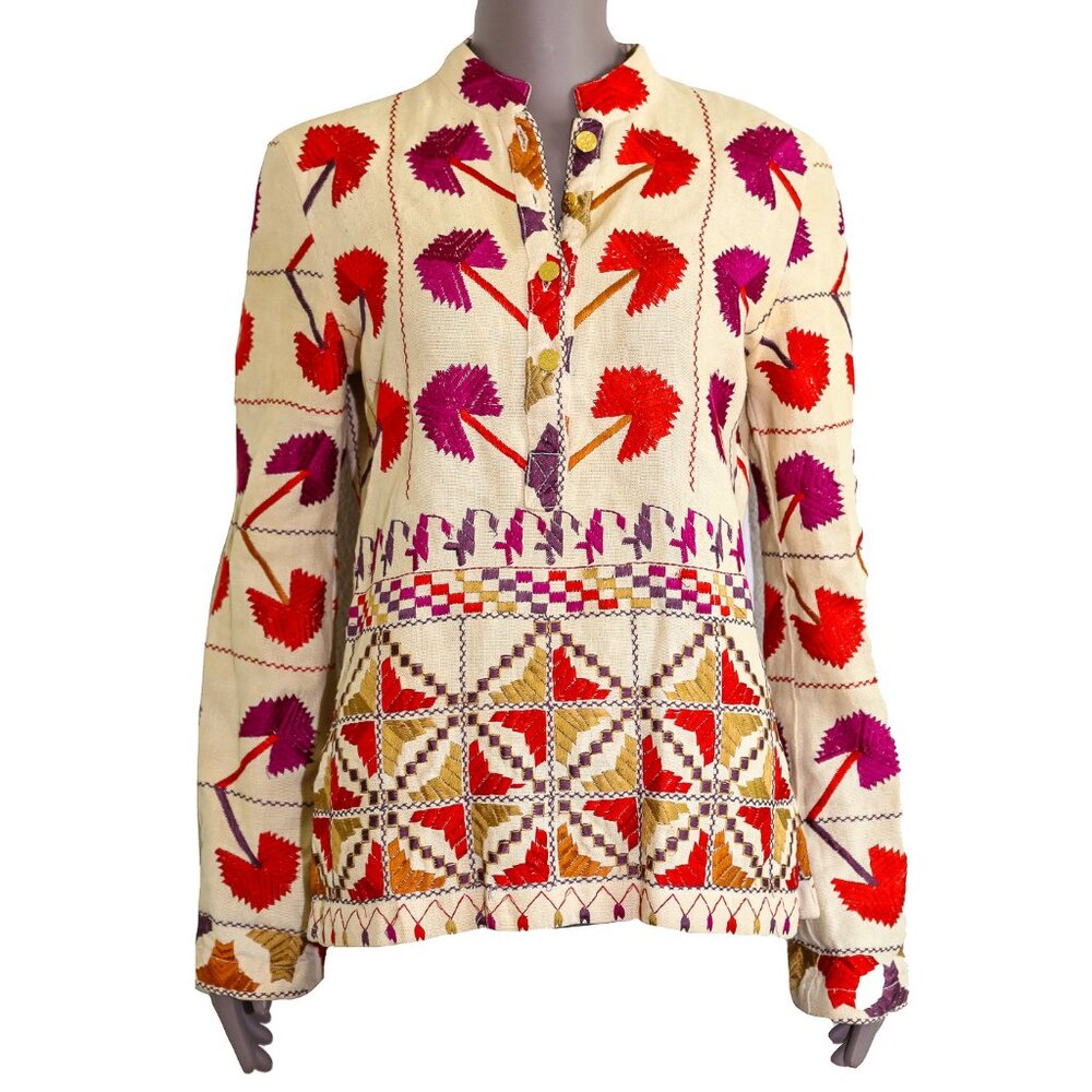 Tory Burch Linen Floral Embroidery Long Sleeve Button Down Summer Blouse Size 6 - Picture 1 of 4
